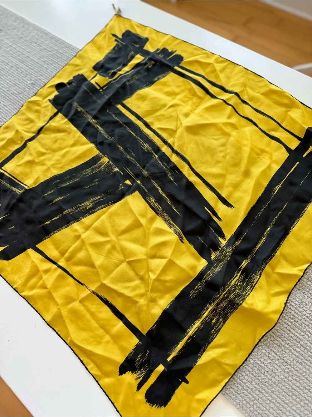 Vintage Lord & Taylor Yellow Black Brushstroke Large Square Silk Scarf
